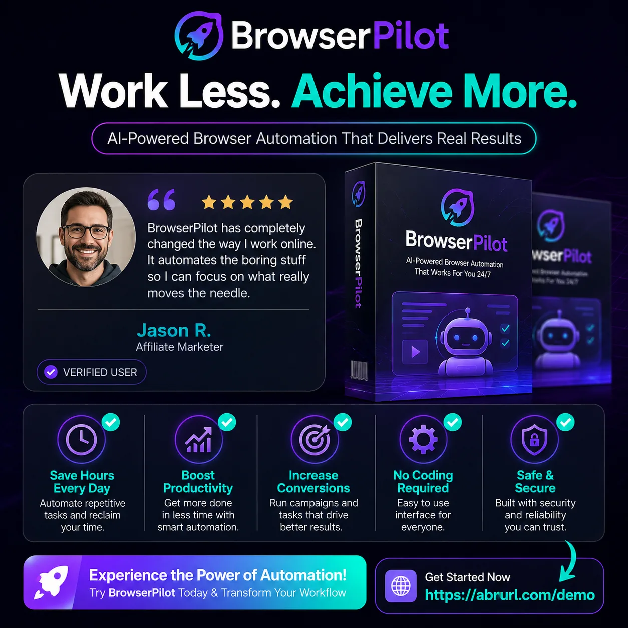 BrowserPilot testimonial-style promo graphic sample